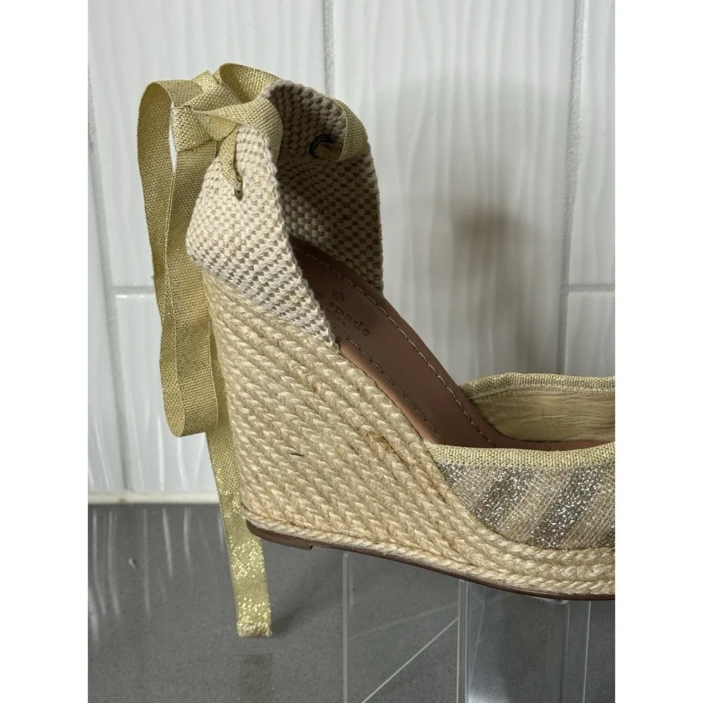 Kate Spade Gold Tan Espadrille Wedge Ankle Tie Sandals Shoes Women's Size 8M EUC